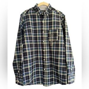 Club RoomButton Down Shirt S Plaid Green Blue Collar Long Sleeves 100% Cotton